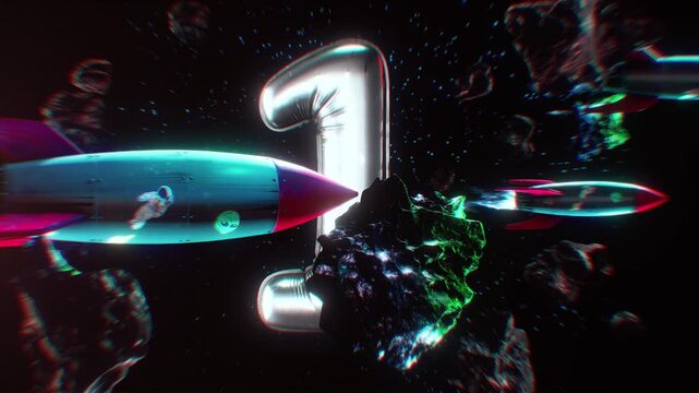 A cool abstract space themed background with a central rocket flying in front of a typographic number and other fun visual details including planets and floating asteroids. Part of a full set of 10 fo