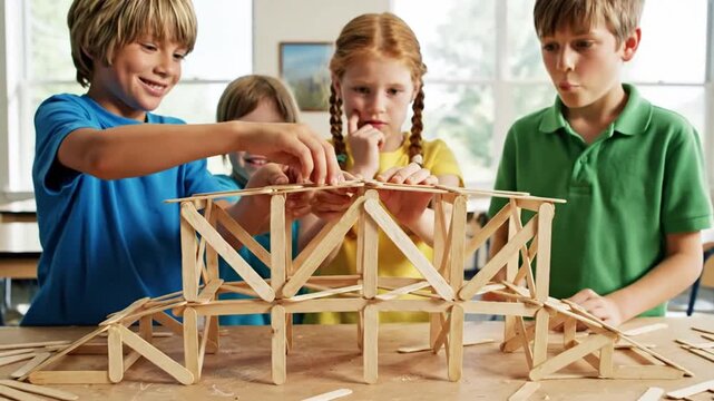 Children building a wooden bridge model, teamwork, education, STEM activity