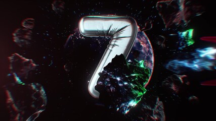 A cool abstract space themed background with a central rocket flying in front of a typographic number and other fun visual details including planets and floating asteroids. Part of a full set of 10 fo