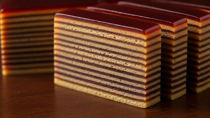 stacks of layered chocolate cakes with red glaze.