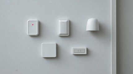 Set of four white electronic devices mounted on a white wall. on the left side of the image, there is a white rectangular device with a red dot on the top left corner.