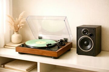 A turntable sits on a shelf next to a speaker