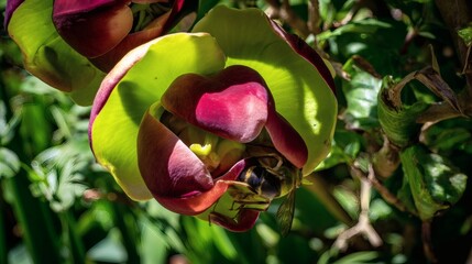
Carnivorous plant disguised as flower, capturing insect in garden setting, natural daylight, detailed botanical photography