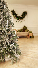 Fototapeta premium Cozy Christmas living room with decorated tree, gifts, and sofa, ready for holiday celebration