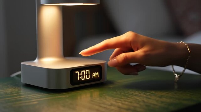 Hand turning off alarm clock on bedside table