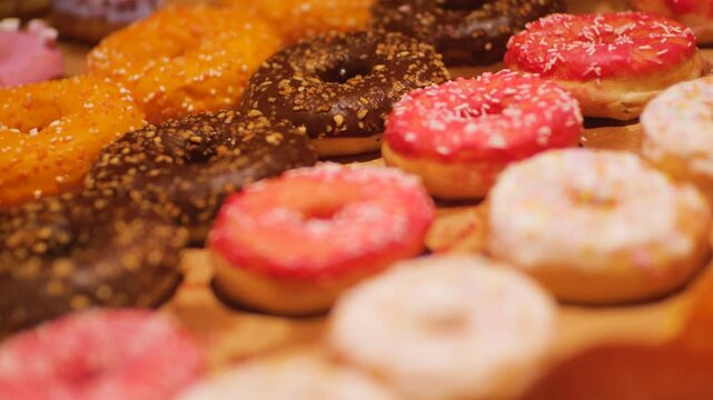 A close-up of delicious donuts with colorful icing. The camera focus slowly pans down the row of sweet pastries. These mouth-watering shots are perfect for food-related projects.