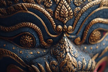 Intricate gold detailing on a blue and red mask, showcasing cultural artistry and religious symbolism.
