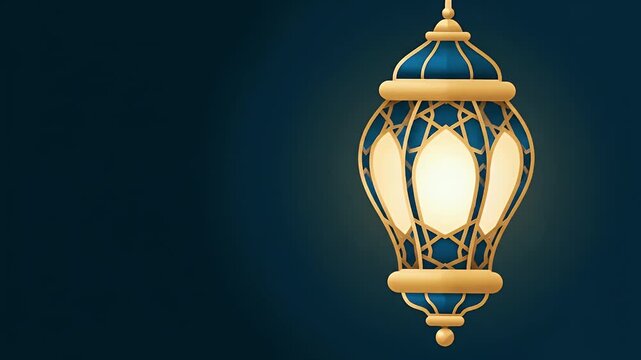 Beautifully Animated Islamic Lamp with Intricate Geometric Patterns and Warm Glow on Deep Indigo Ramadan Night