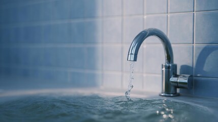 Modern faucet with water flowing from it into a bathtub. the bathtub is surrounded by blue tiled walls and the water is a light blue color.