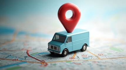 Blue delivery van with red location pin on top, driving over a stylized map background, symbolizing logistics, navigation, local package delivery, and urban transportation concepts