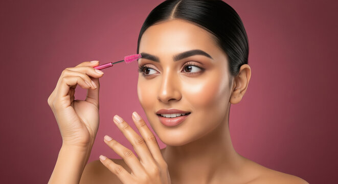 Beautiful woman styling eyebrows with brush for perfect makeup look