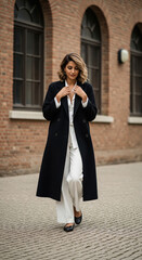 Stylish Woman in Black Coat and White Outfit Outdoors
