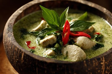 Delicious Thai Green Curry with Chicken and Basil in a Wooden Bowl