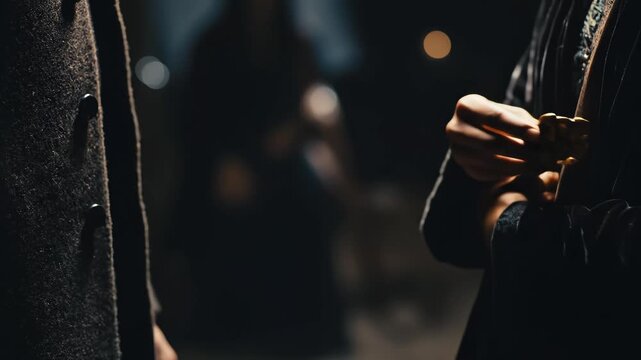 Hands exchanging small golden object