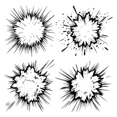 Hand drawn comic explosion set featuring radial lines and grunge textures for graphic design