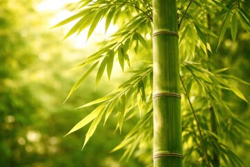 A tall green bamboo tree with leaves that are green and yellow