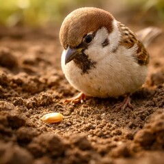 A small bird is eating a seed in the dirt