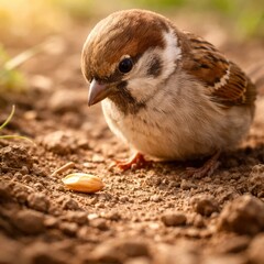 A small bird is eating a seed in the dirt