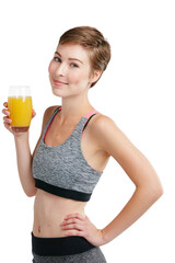 Fitness, orange juice and portrait of woman in studio for health, training or wellness results....