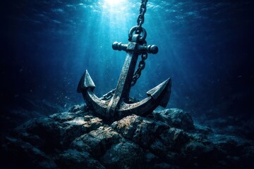 A rusty anchor is sitting on a rock in the ocean