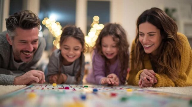 Joyful family moments unfold as a happy mother, father, and their two cheerful daughters engage in a fun board game night at home, creating lasting memories