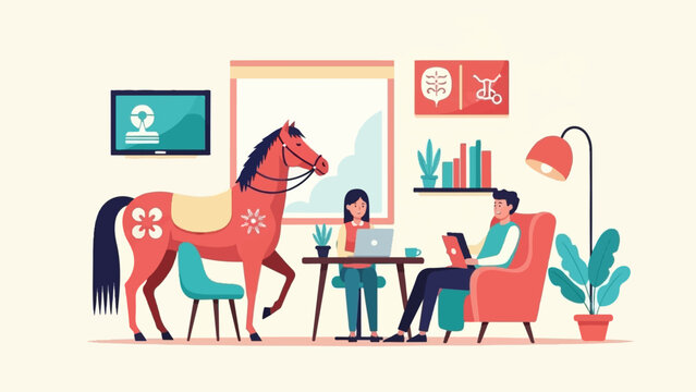 A stylized horse shares a living space with two people working on laptops