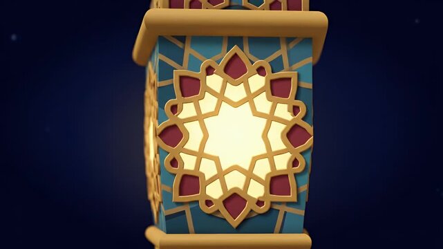 Animated Islamic lamp with glowing geometric patterns elegantly set on a deep indigo Ramadan night