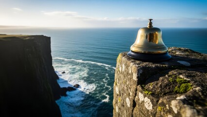 A brass bell sits atop a rock edge overlooking a vast ocean and distant cliffs under a clear sky