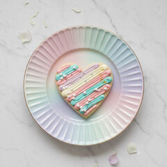 Heart-Shaped Iced Cookie with Pastel Frosting on Iridescent Plate, Romantic Dessert Flat Lay