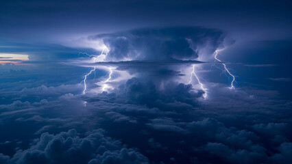 A dramatic aerial view of a massive thunderstorm cloud rising above a sea of clouds, illuminated by powerful lightning bolts. The deep blue tones and towering cloud structure create a cinematic and aw
