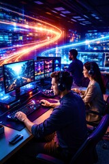 A man is working on a computer with a woman and another man in the background