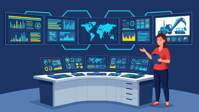 Control Room Monitoring System Vector Illustration with World Map and Data Displays