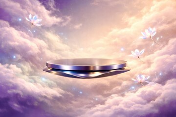 A silver object is floating in the sky with four flowers surrounding it
