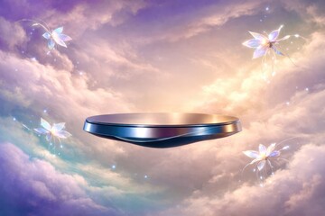 A silver object is floating in the sky with four flowers surrounding it
