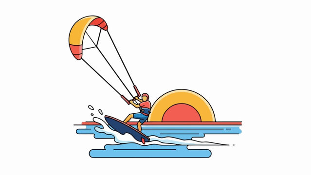 A stylized person kitesurfs on blue water with a colorful kite and sun