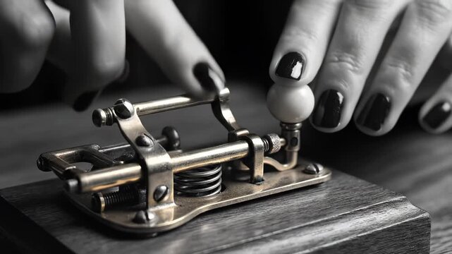 Hands operating vintage telegraph key