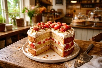 A white cake with strawberries and cream on top sits on a white cake stand