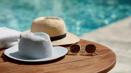 Two hats and a pair of sunglasses on a wooden table next to a swimming pool. the hat on the left is a light blue straw hat with a wide brim and a black band around the crown.