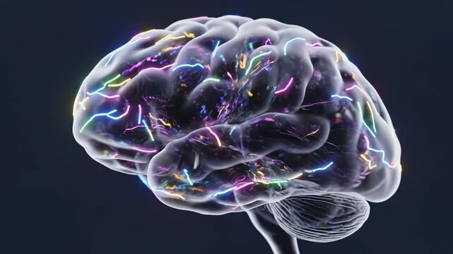 Transparent brain with colorful neural pathways
