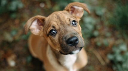 Close-up of a small dog's face. the dog appears to be a mixed breed, possibly a pit bull or a similar breed. it has a light brown coat with darker brown patches on its face and chest.