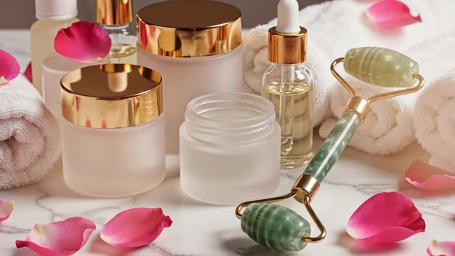 Elegant skincare flatlay with various cosmetic products and towels on a marble surface, perfect for beauty and spa-themed projects. video