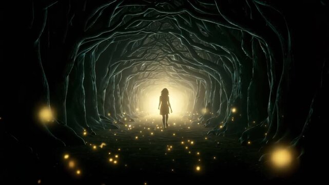 Cinematic 4K video of a woman walking slowly dark forest tunnel twisted trees, moonlight barely visible branches glowing bioluminescent plants beneath her feet, floating golden particles drift air fog