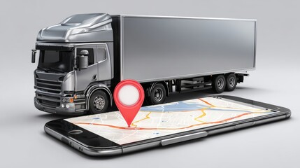 Silver delivery truck parked beside smartphone showing digital map with red location pin, symbolizing modern logistics, online order tracking, and efficient shipping solutions on transparent backgroun