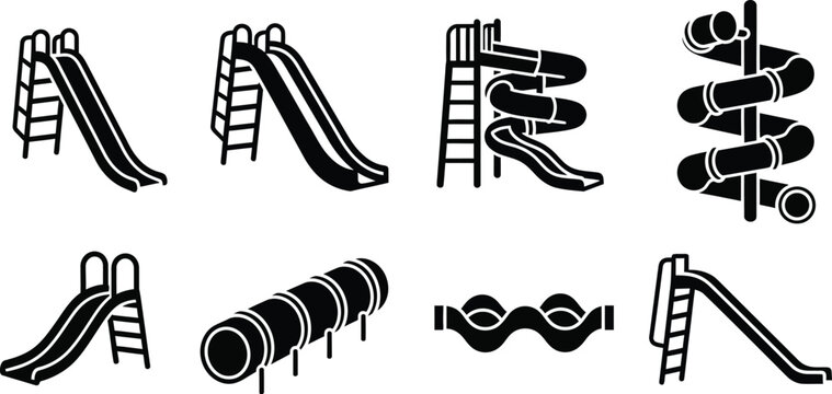 Children playground and water slides in the park silhouette. 