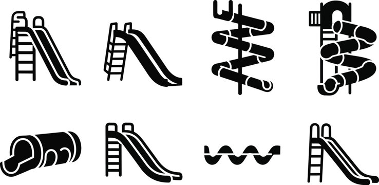 Children playground and water slides in the park silhouette. 