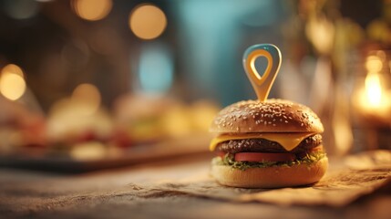 Juicy burger presented inside a map location pin with warm ambient lighting and defocused background, conveying nearby food options, restaurant navigation, and convenient online food ordering services