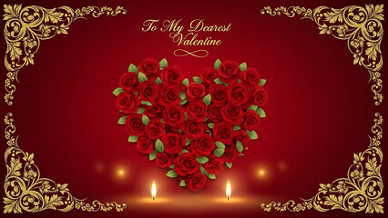 A dense heart of vibrant red roses forms the centerpiece, framed by ornate golden filigree corners, with "To My Dearest Valentine" text and two glowing candles below.