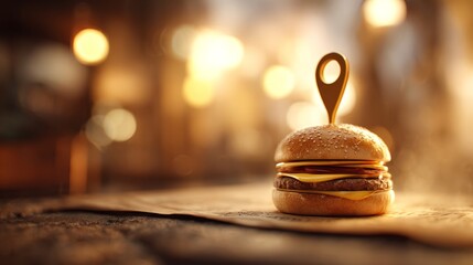 Juicy burger presented inside a map location pin with warm ambient lighting and defocused background, conveying nearby food options, restaurant navigation, and convenient online food ordering services