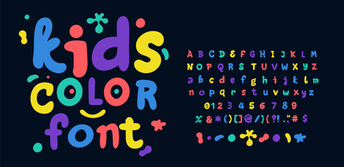Festive kids joy vector flyer with colorful handwritten font. Playful children alphabet letters, numbers. Creative typography design for kids events, posters, banners, education, fun celebrations. © Anatoliy