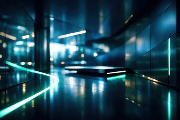 A room with a blue and green light show on the floor